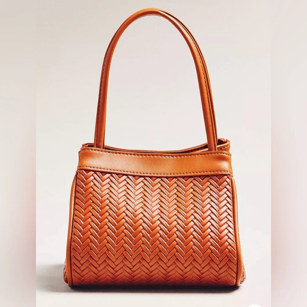 Anthropologie Brown Woven Mini Boxy Top Handle Tote Bag - Picture 1 of 3